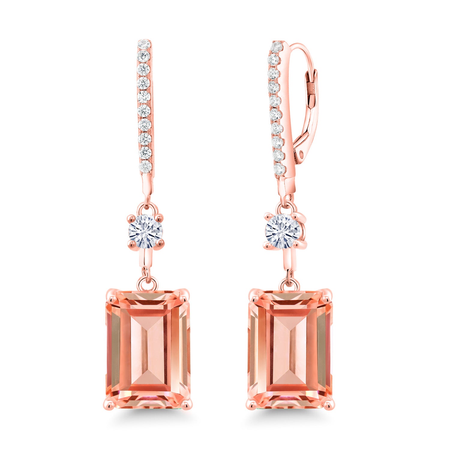 18K Rose Gold Plated Silver Emerald Cut Peach Nano Morganite and Forever Classic Moissanite by Charles & Colvard Dangle Earrings For Women | 13.36 Cttw | Emerald Cut 14X10MM