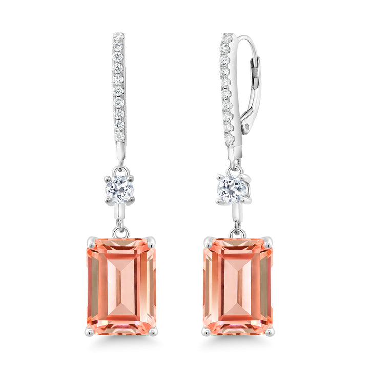 925 Sterling Silver Peach Nano Morganite and White Topaz Dangle Earrings For Women (13.56 Cttw, Emerald Cut 14X10MM)