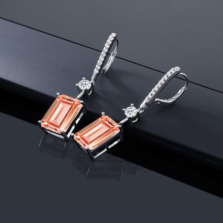 925 Sterling Silver Peach Nano Morganite and White Topaz Dangle Earrings For Women (13.56 Cttw, Emerald Cut 14X10MM)