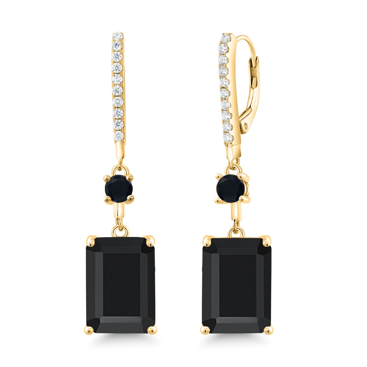 18K Yellow Gold Plated Silver Black Onyx Earrings For Women (13.94 Cttw, Gemstone Birthstone, Emerald Cut 14X10MM)