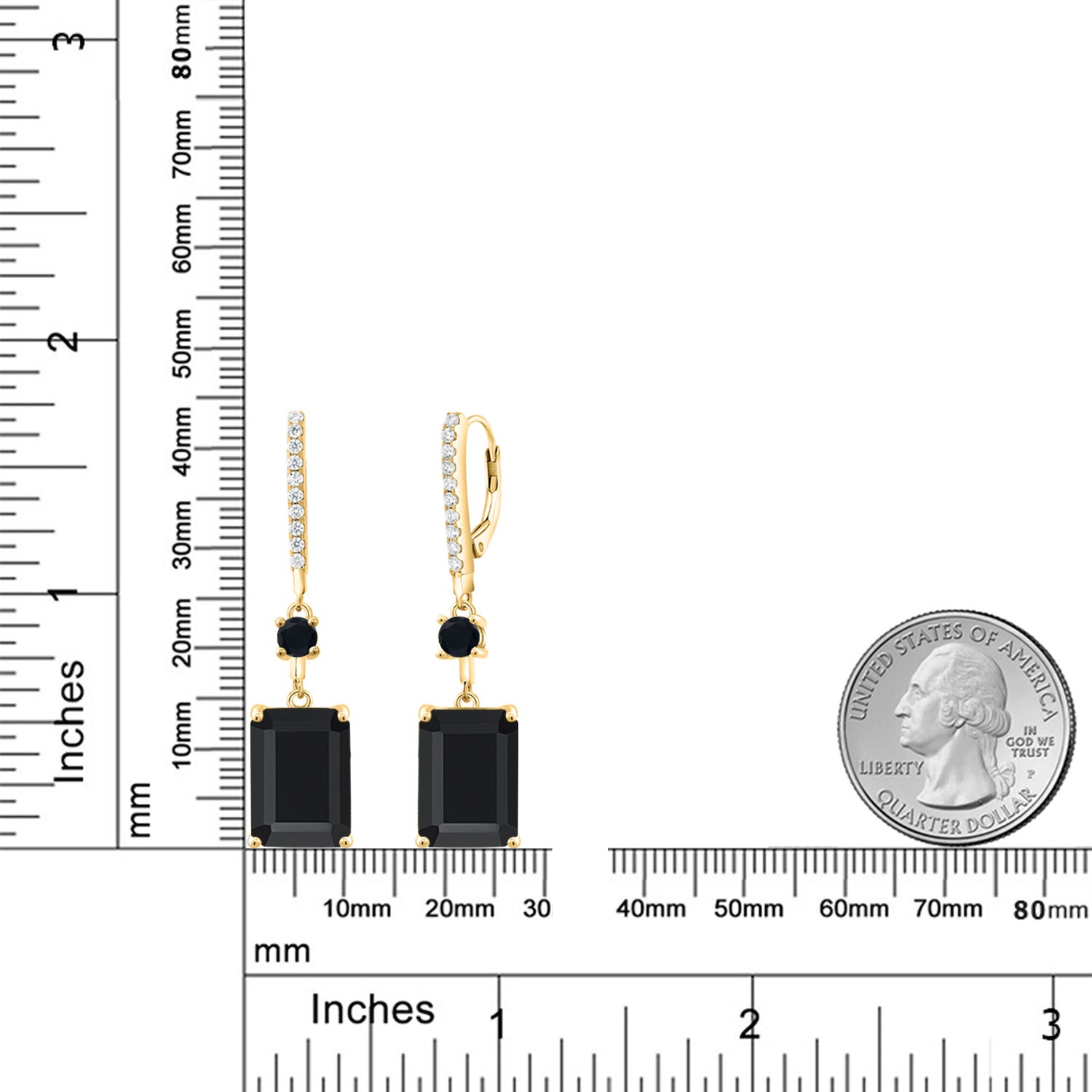 18K Yellow Gold Plated Silver Black Onyx Earrings For Women (13.94 Cttw, Gemstone Birthstone, Emerald Cut 14X10MM)