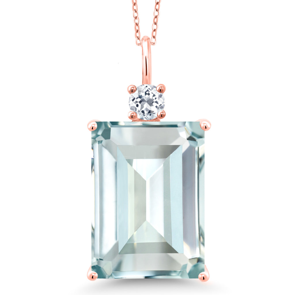 Gem Stone King Emerald Cut Gemstone Birthstone Pendant Necklace for Women | 18K Rose Gold Plated Silver | White Topaz Accent | 18 Inch Chain | Fine Jewelry for Her