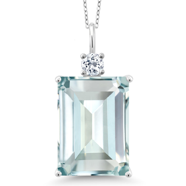 Gem Stone King 925 Sterling Silver Gemstone Birthstone and White Topaz Pendant Necklace for Women | Emerald Cut 18X13MM and Round 4MM | With 18 Inch Chain | Fine Jewelry for Her Mom Wife