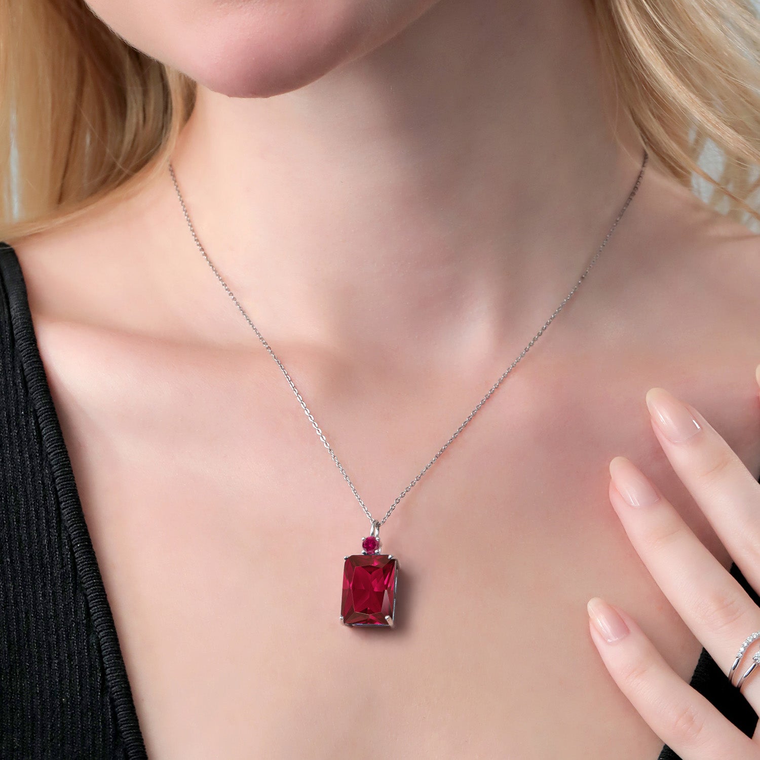 925 Sterling Silver Red Created Ruby Necklace | Emerald Cut 18X13MM Pendant Necklace for Women | 20.25 Cttw | With 18 Inch Silver Chain