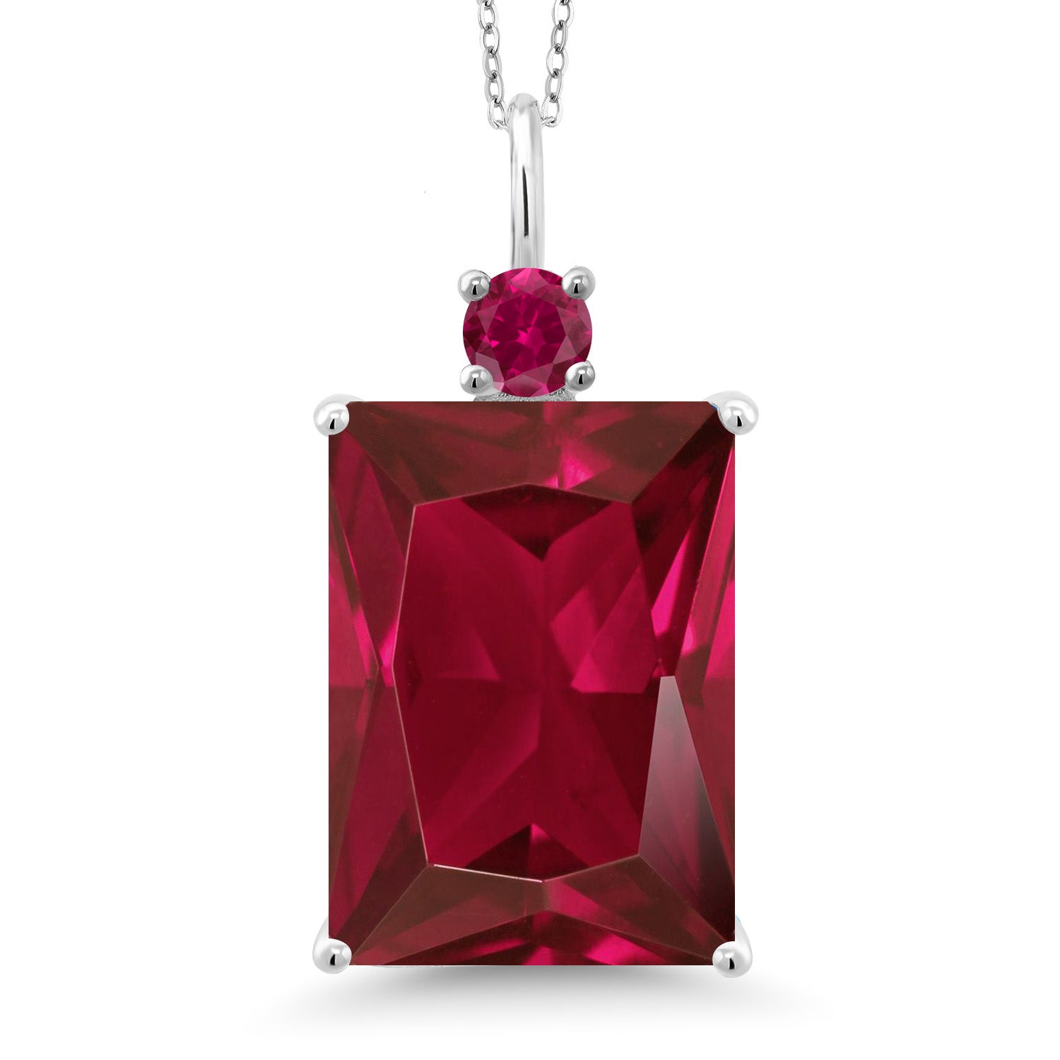 925 Sterling Silver Red Created Ruby Necklace | Emerald Cut 18X13MM Pendant Necklace for Women | 20.25 Cttw | With 18 Inch Silver Chain