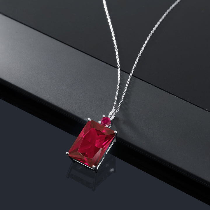 925 Sterling Silver Red Created Ruby Necklace | Emerald Cut 18X13MM Pendant Necklace for Women | 20.25 Cttw | With 18 Inch Silver Chain