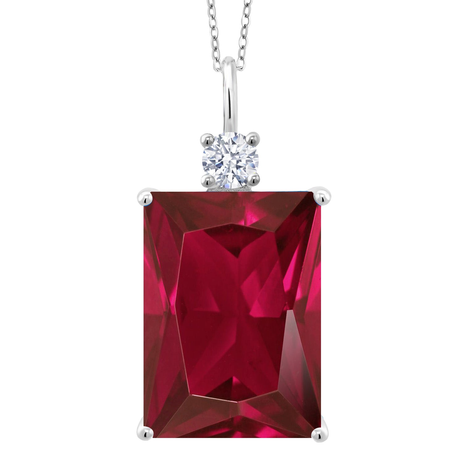 20.00 Cttw Red Created Ruby Pendant Necklace For Women In 925 Sterling Silver | Emerald Cut 18X13MM | With 18 Inch Silver Chain