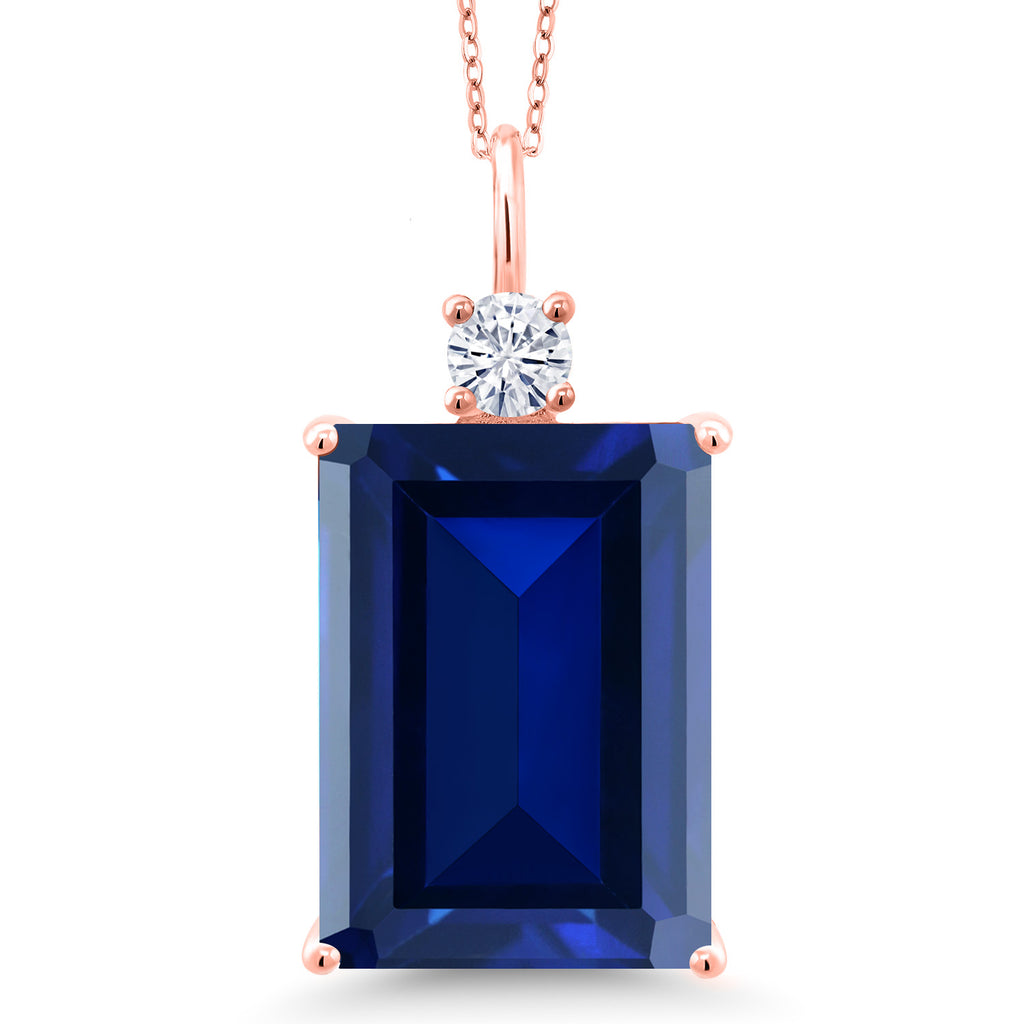 Blue Created Sapphire - September_Pendant in 925 Rose Gold Plated Silver