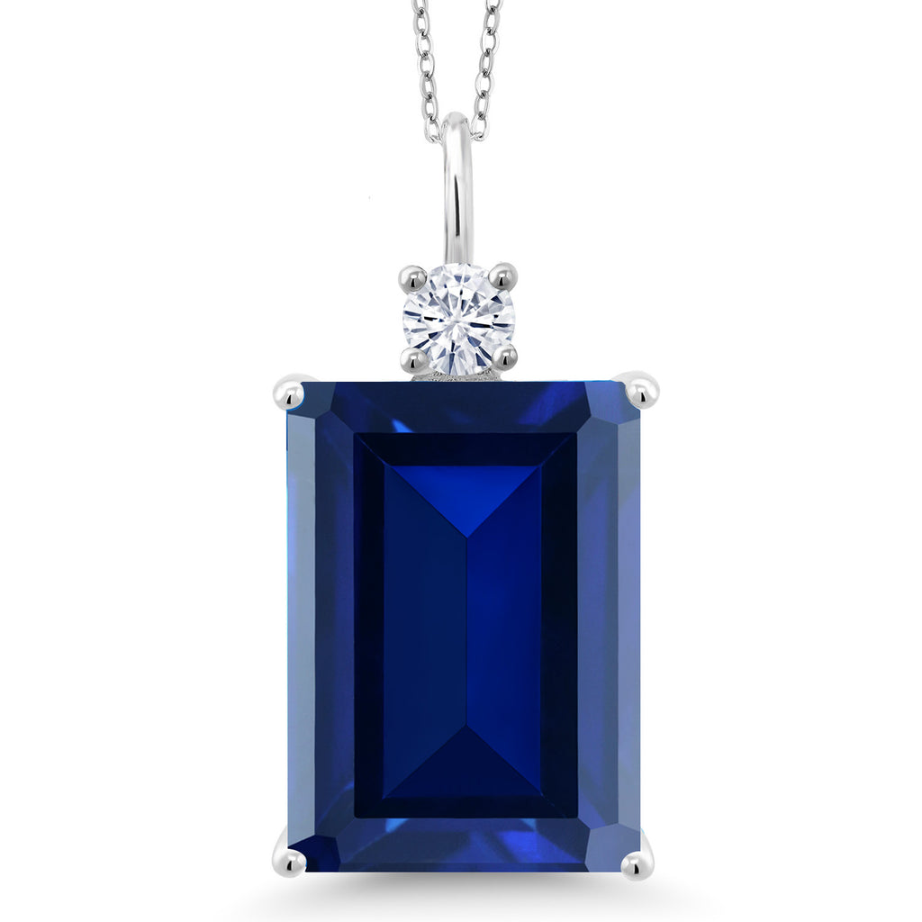 11-20 Cttw Gemstone Birthstone and White Moissanite Pendant Necklace for Women | 925 Sterling Silver | Emerald Cut 18X13MM and Round 4MM | With 18 Inch Chain