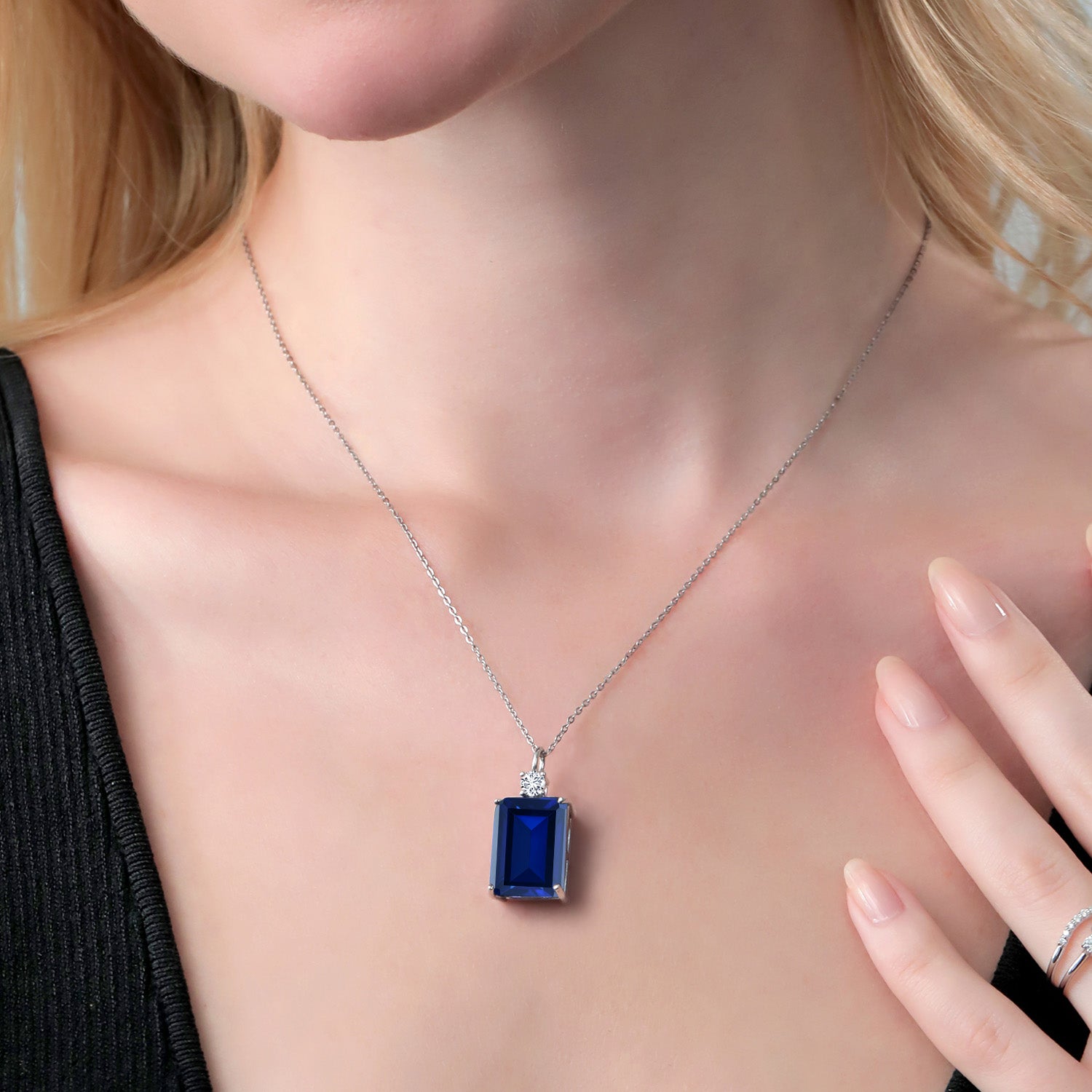 925 Sterling Silver Blue Created Sapphire and White Lab Grown Diamond Pendant Necklace For Women (17.77 Cttw, Emerald Cut 18X13MM, With 18 Inch Silver Chain)