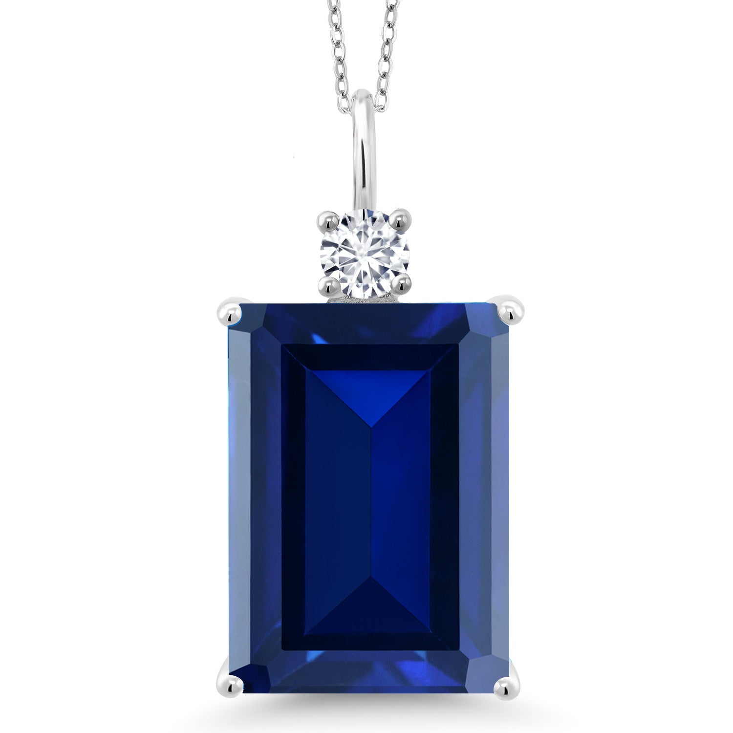 925 Sterling Silver Blue Created Sapphire and White Lab Grown Diamond Pendant Necklace For Women (17.77 Cttw, Emerald Cut 18X13MM, With 18 Inch Silver Chain)