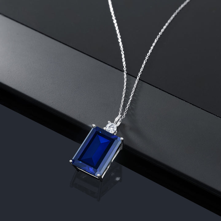 925 Sterling Silver Blue Created Sapphire and White Lab Grown Diamond Pendant Necklace For Women (17.77 Cttw, Emerald Cut 18X13MM, With 18 Inch Silver Chain)