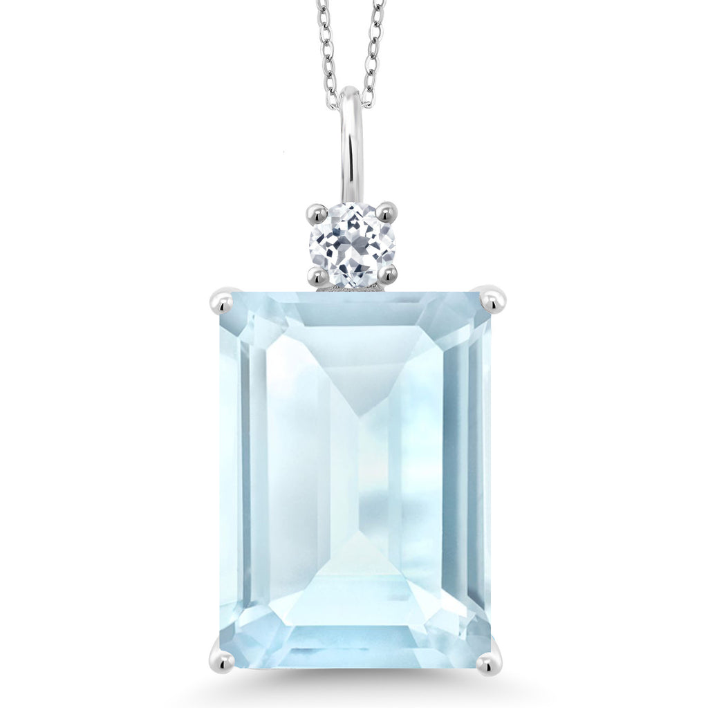 Gem Stone King 925 Sterling Silver Gemstone Birthstone and White Topaz Pendant Necklace for Women | Emerald Cut 18X13MM and Round 4MM | With 18 Inch Chain | Fine Jewelry for Her Mom Wife