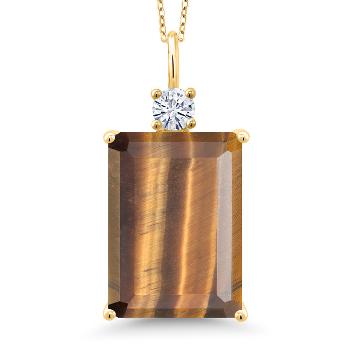 Gem Stone King Gemstone Birthstone and Moissanite Pendant Necklace for Women | 18K Yellow Gold Plated Silver | Emerald Cut 18X13MM | 18 Inch Chain | Fine Jewelry for Her