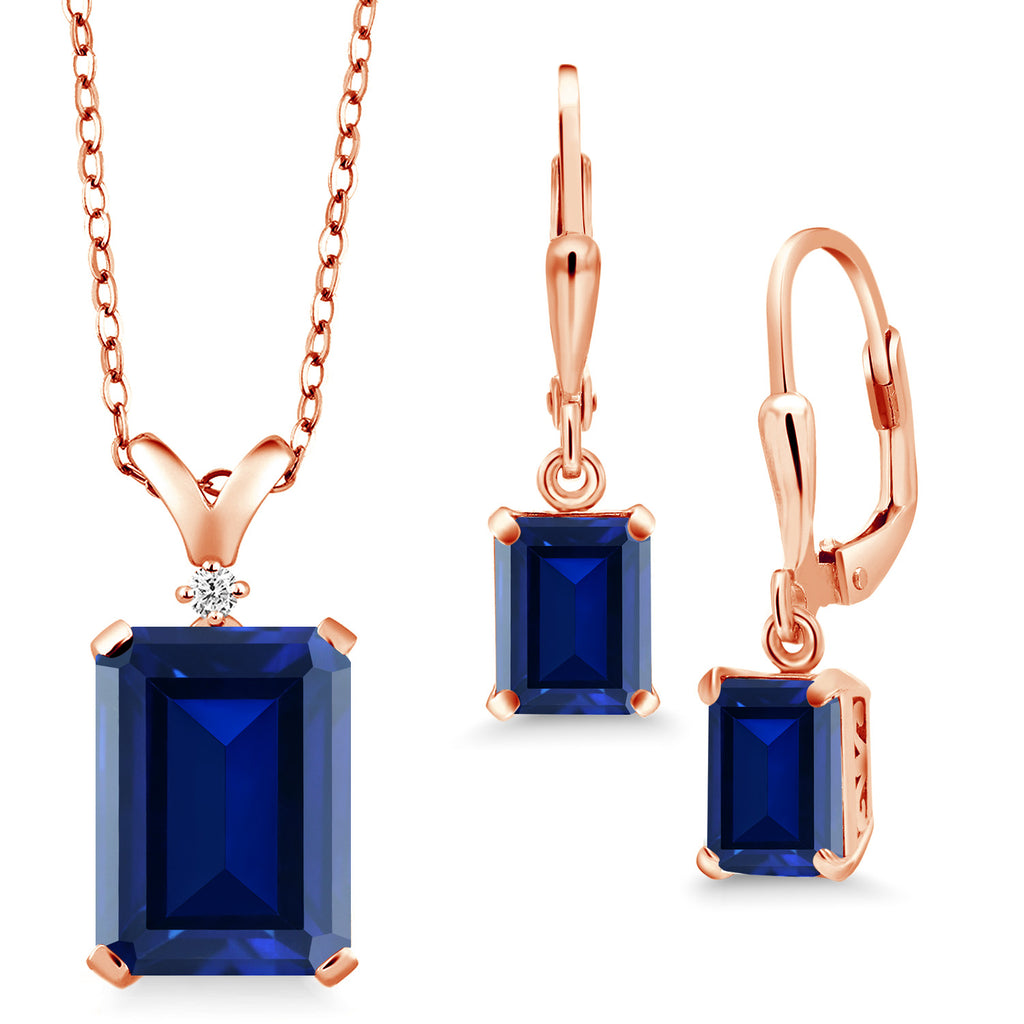Blue Created Sapphire - September_925 Rose Gold Plated Silver_Pendant Earrings Set in 925 Rose Gold Plated Silver