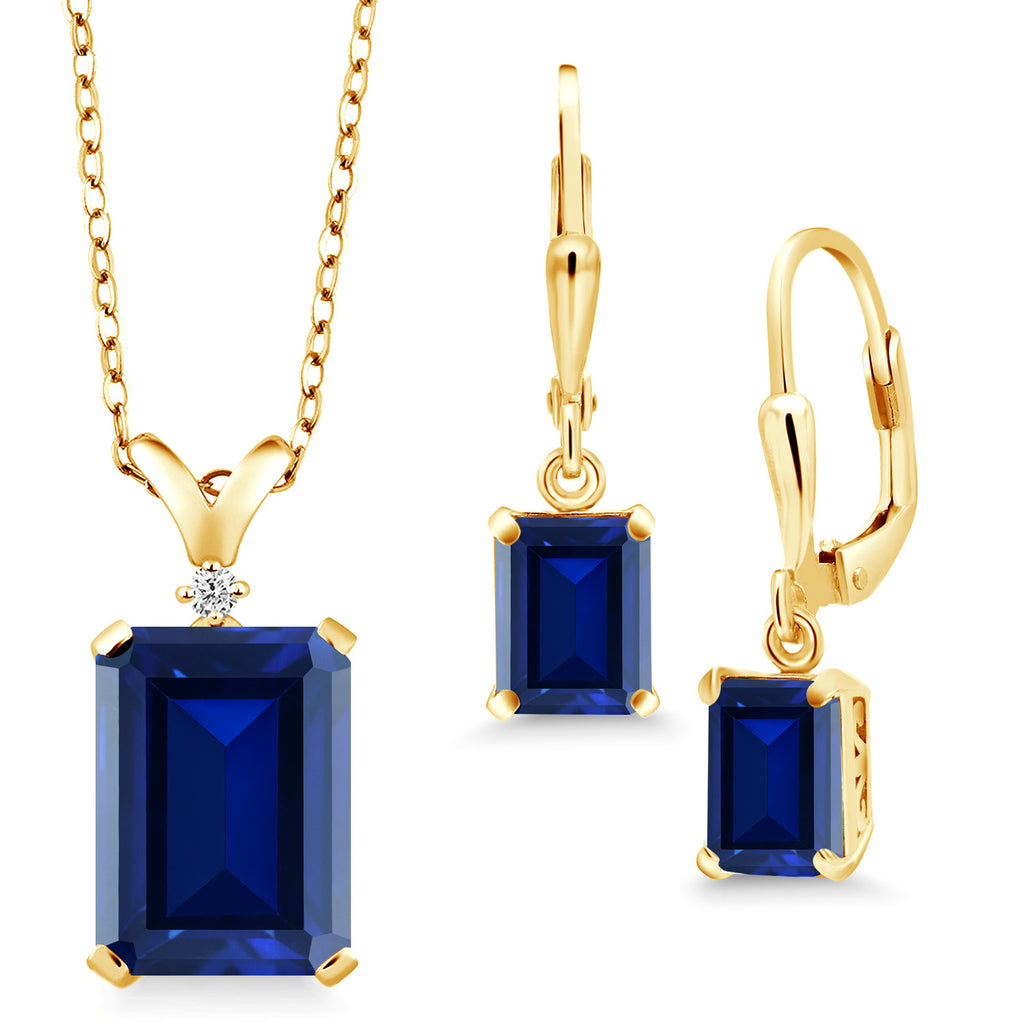 Blue Created Sapphire - September_925 Yellow Gold Plated Silver_Pendant Earrings Set in 925 Yellow Gold Plated Silver