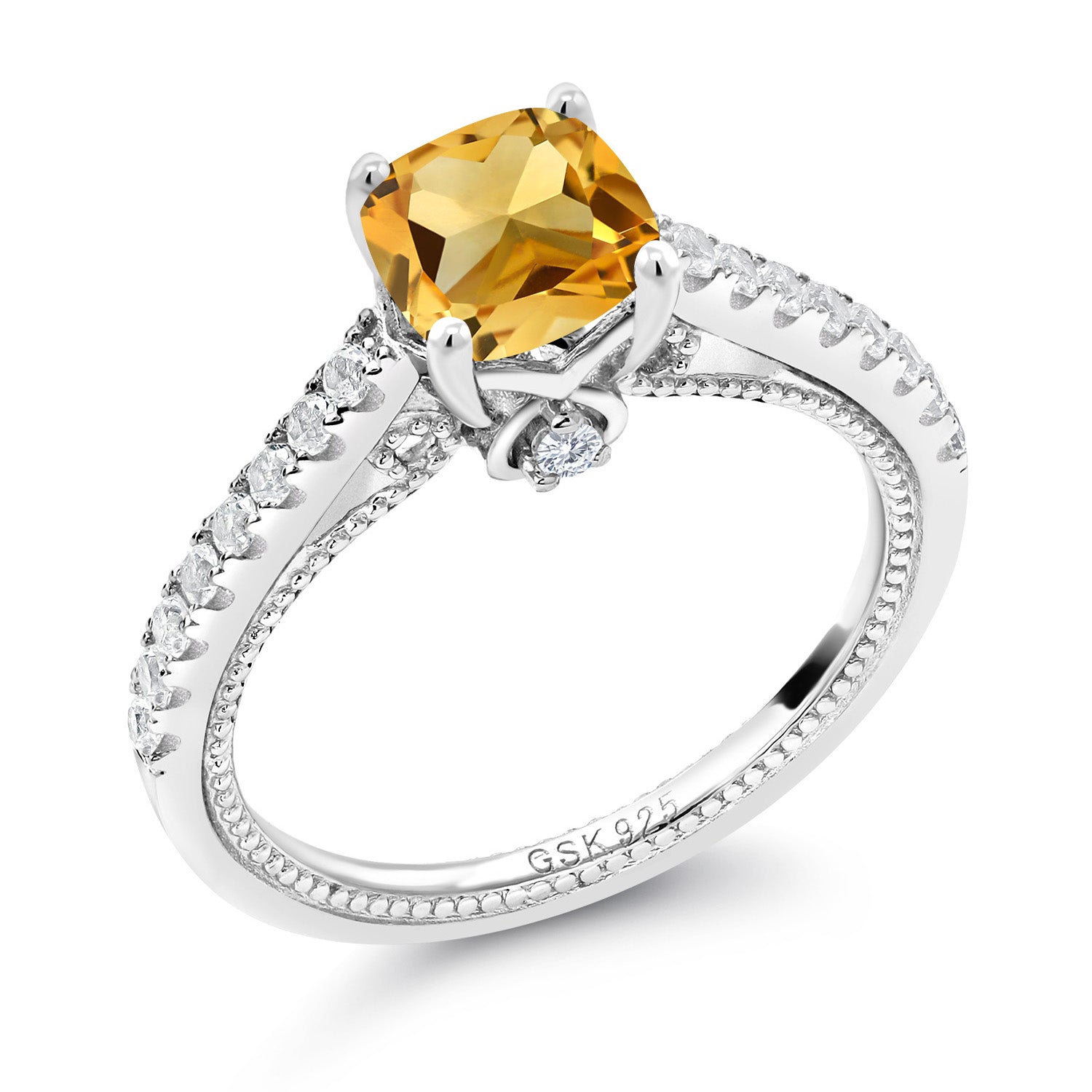 925 Sterling Silver Yellow Citrine and White Created Sapphire Engagement Ring For Women (1.20 Cttw, Cushion 6MM, Gemstone November Birthstone, Available In Size 5, 6, 7, 8, 9)