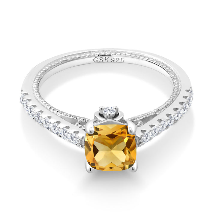 925 Sterling Silver Yellow Citrine and White Created Sapphire Engagement Ring For Women (1.20 Cttw, Cushion 6MM, Gemstone November Birthstone, Available In Size 5, 6, 7, 8, 9)