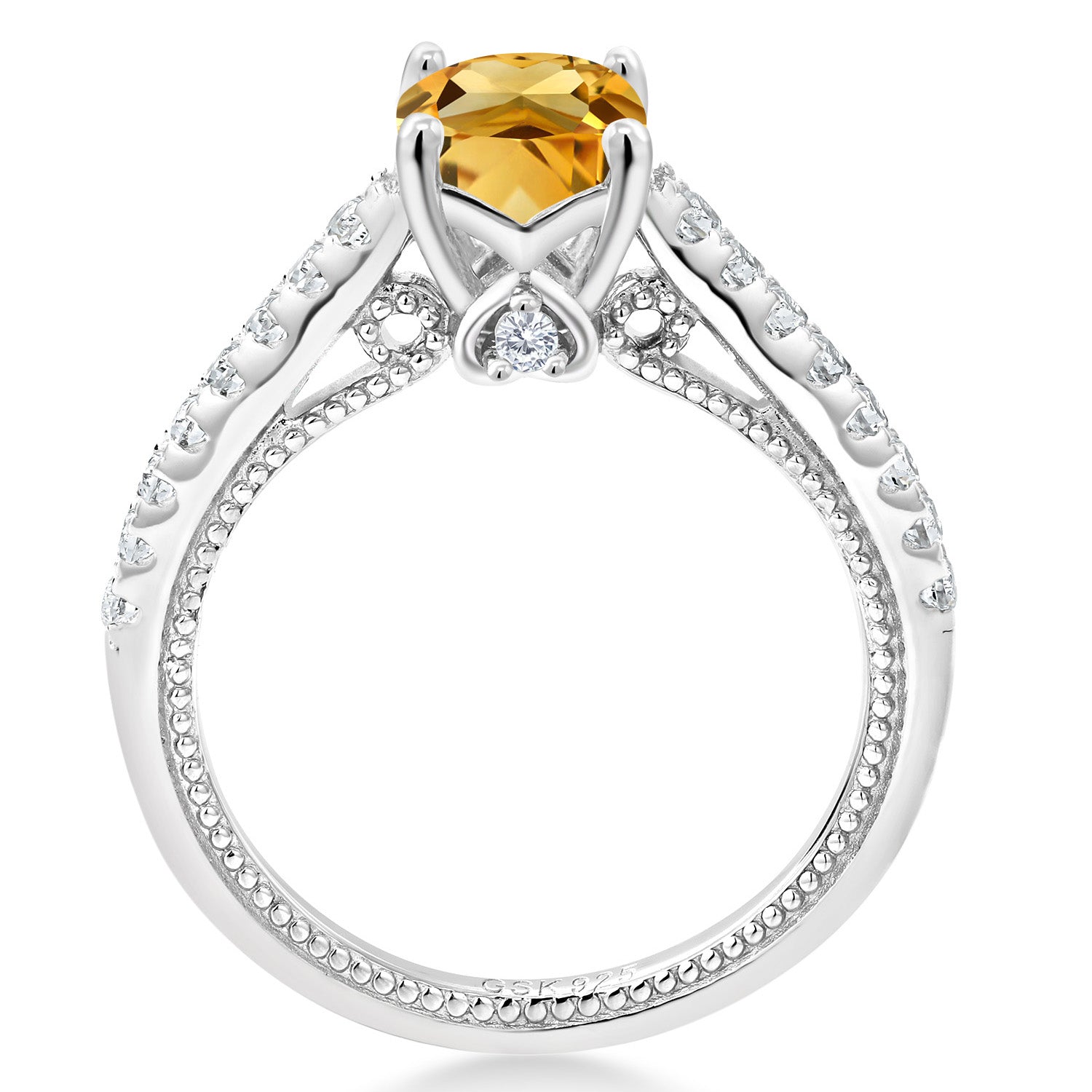 925 Sterling Silver Yellow Citrine and White Created Sapphire Engagement Ring For Women (1.20 Cttw, Cushion 6MM, Gemstone November Birthstone, Available In Size 5, 6, 7, 8, 9)