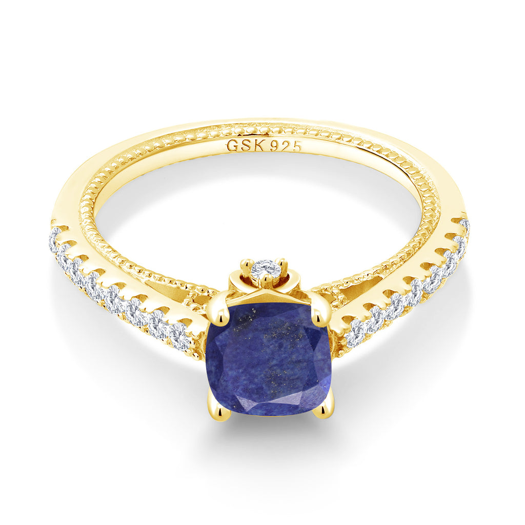 Lapis and Created Sapphire_6_Ring in 925 Yellow Gold Plated Silver