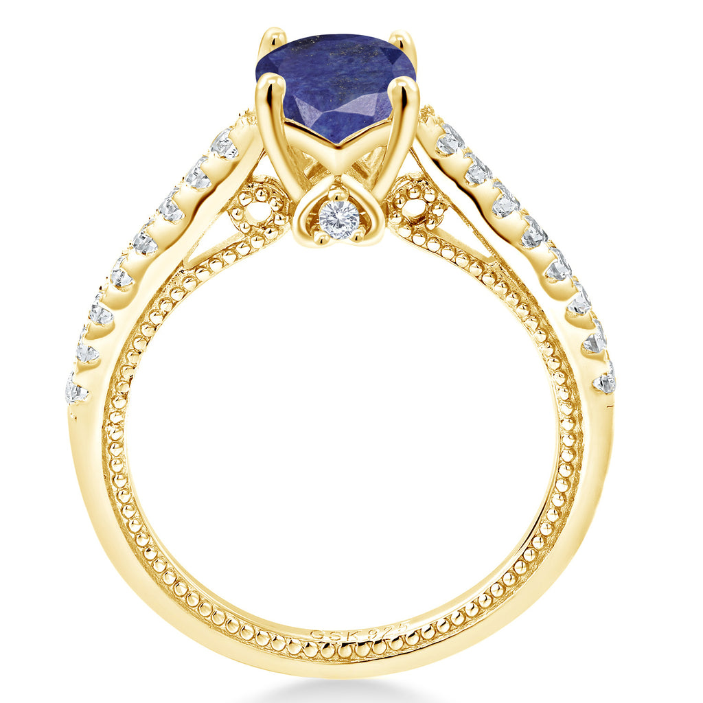 Lapis and Created Sapphire_6_Ring in 925 Yellow Gold Plated Silver
