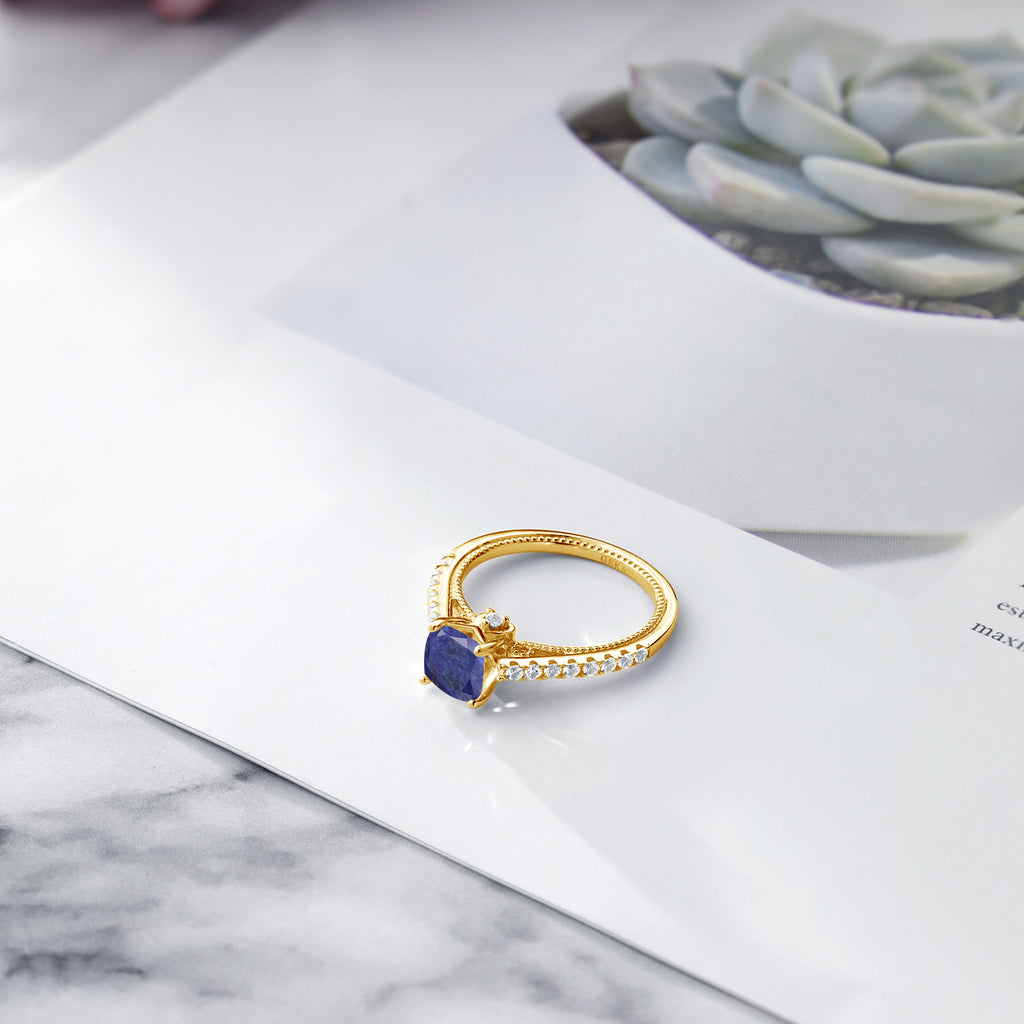 Lapis and Created Sapphire_6_Ring in 925 Yellow Gold Plated Silver