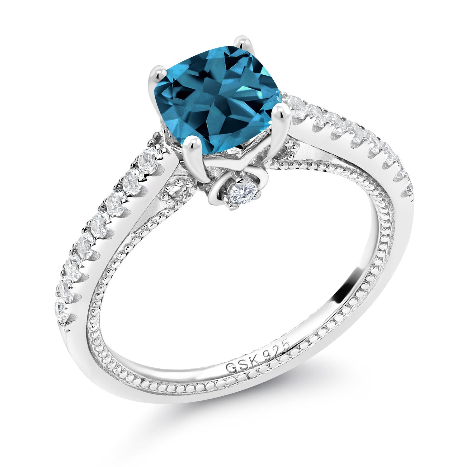 925 Sterling Silver London Blue Topaz and White Created Sapphire Engagement Ring For Women (1.45 Cttw, Cushion 6MM, Gemstone November Birthstone, Available In Size 5, 6, 7, 8, 9)