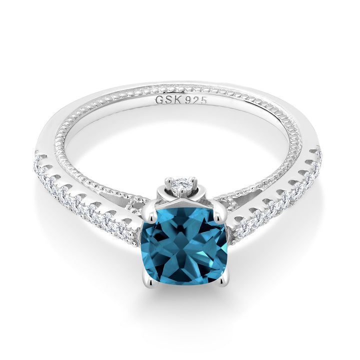 925 Sterling Silver London Blue Topaz and White Created Sapphire Engagement Ring For Women (1.45 Cttw, Cushion 6MM, Gemstone November Birthstone, Available In Size 5, 6, 7, 8, 9)