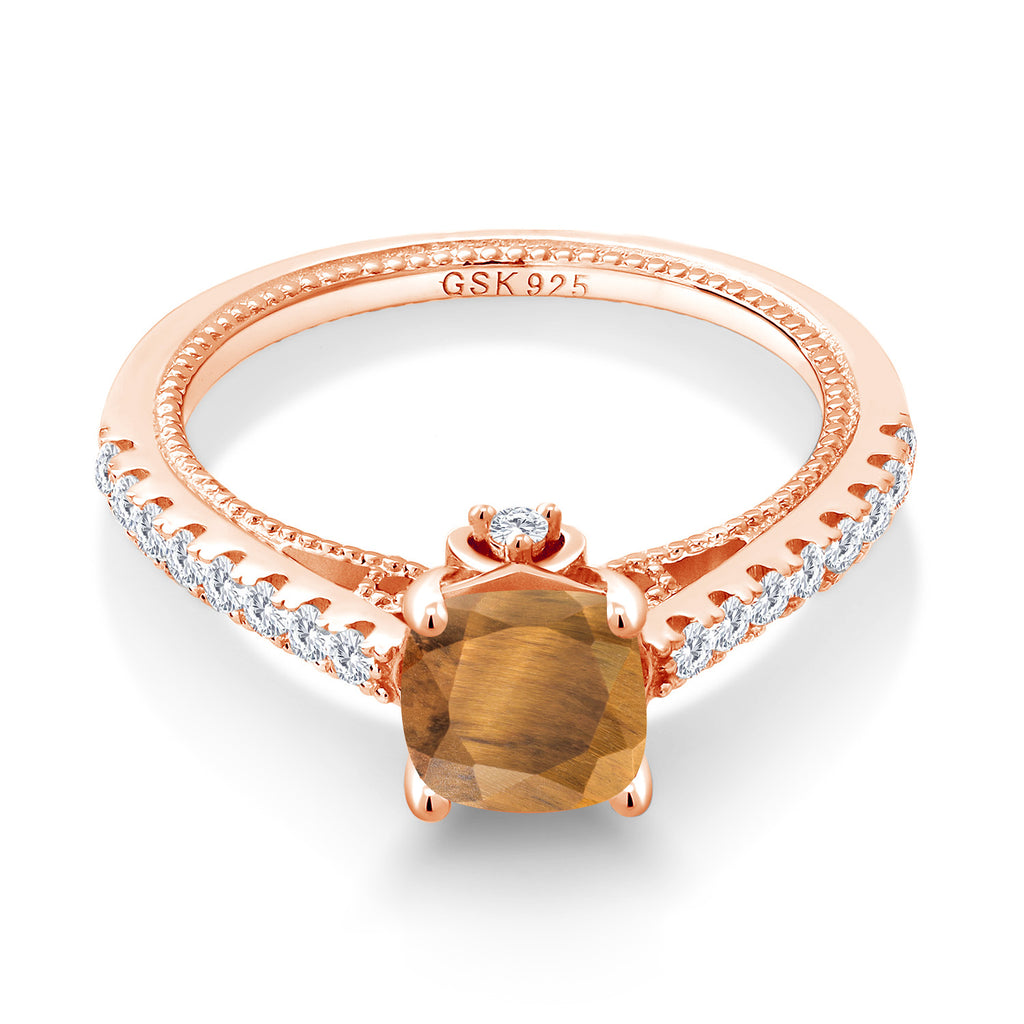 Tiger Eye and Created Sapphire_7_Ring in 925 Rose Gold Plated Silver