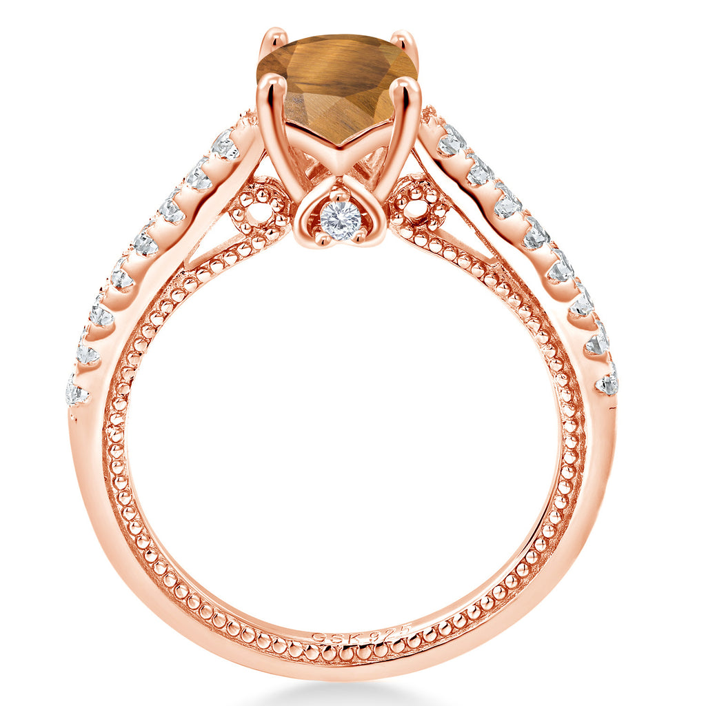 Tiger Eye and Created Sapphire_7_Ring in 925 Rose Gold Plated Silver