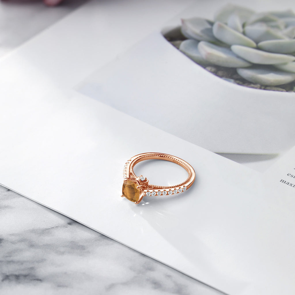 Tiger Eye and Created Sapphire_7_Ring in 925 Rose Gold Plated Silver
