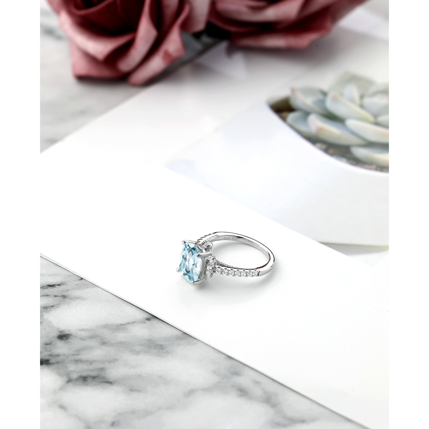 925 Sterling Silver Sky Blue Simulated Aquamarine and White Created Sapphire Ring For Women (3.11 Cttw, Available in size 5, 6, 7, 8, 9)