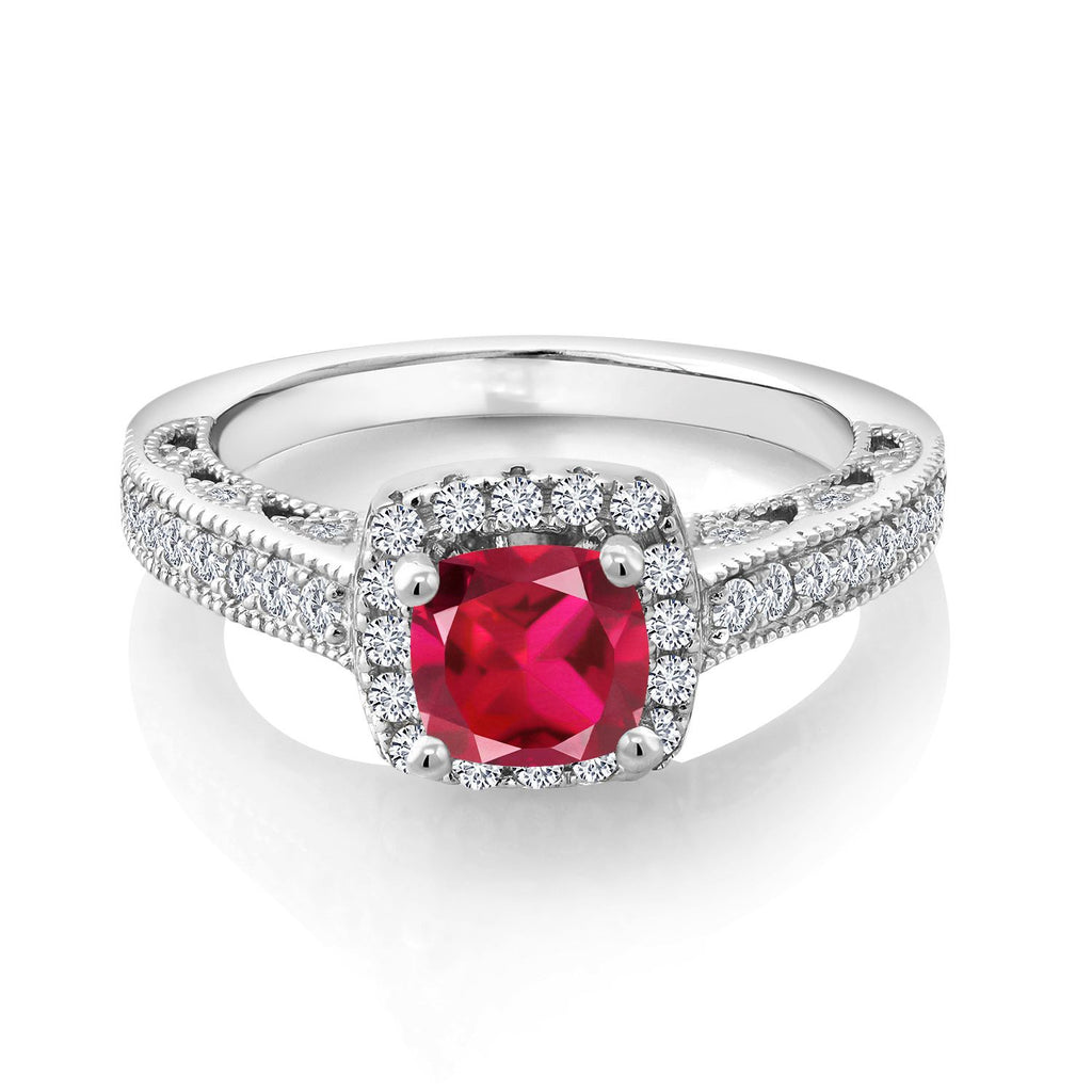 Gem Stone King 6MM Cushion Gemstone Birthstone and Accent Created Sapphire Engagement Ring | 925 Sterling Silver | Wedding Anniversary Promise Ring For Women | Available In Size 5, 6, 7, 8, 9