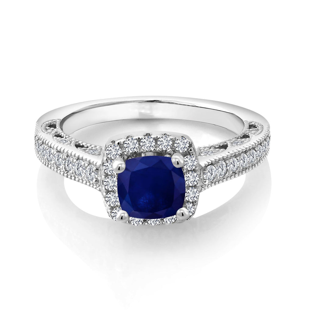 Gem Stone King 6MM Cushion Gemstone Birthstone and Accent Created Sapphire Engagement Ring | 925 Sterling Silver | Wedding Anniversary Promise Ring For Women | Available In Size 5, 6, 7, 8, 9