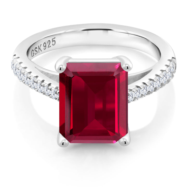 925 Sterling Silver Red Created Ruby and White Created Sapphire Ring For Women (4.06 Cttw, Emerald Cut 10X8MM, Available In Size 5, 6, 7, 8, 9)