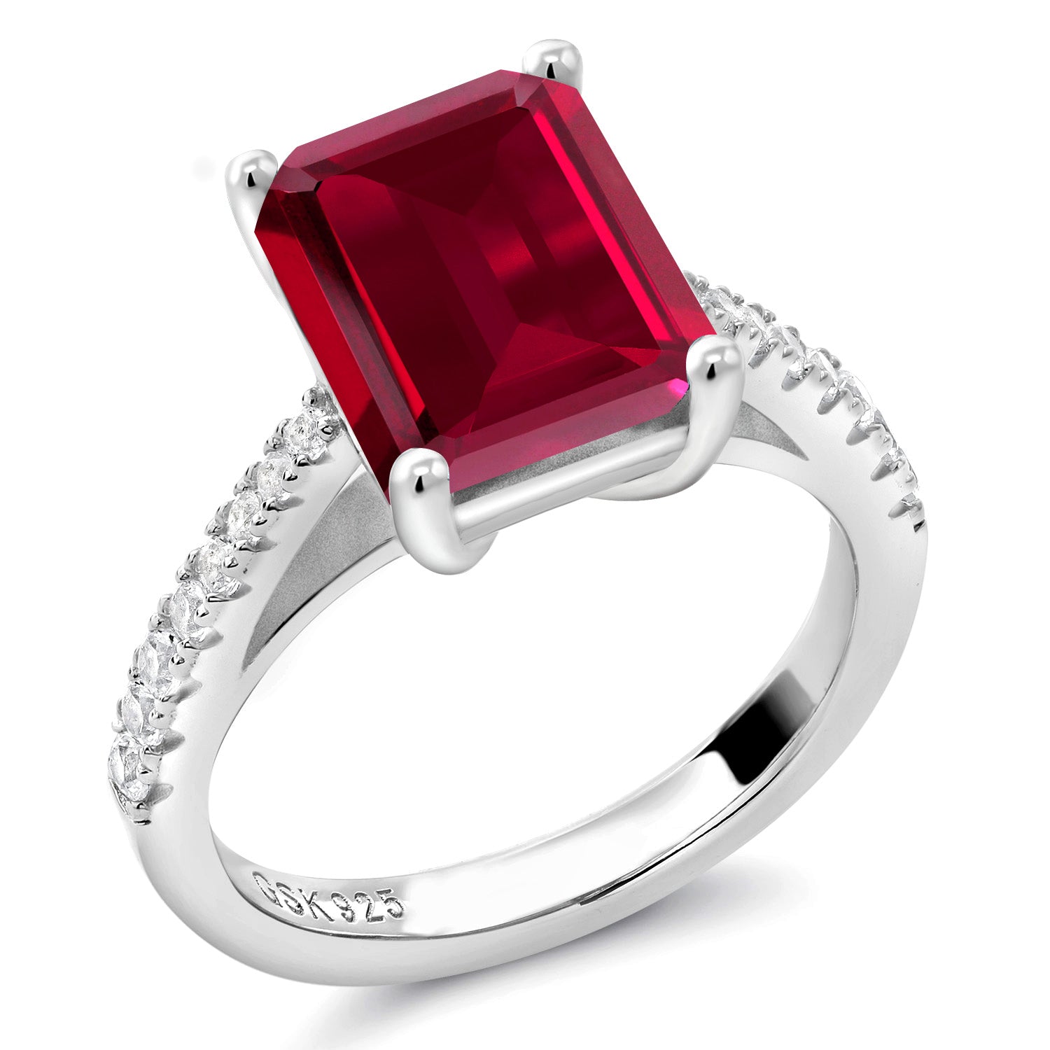 925 Sterling Silver Red Created Ruby and White Created Sapphire Ring For Women (4.06 Cttw, Emerald Cut 10X8MM, Available In Size 5, 6, 7, 8, 9)