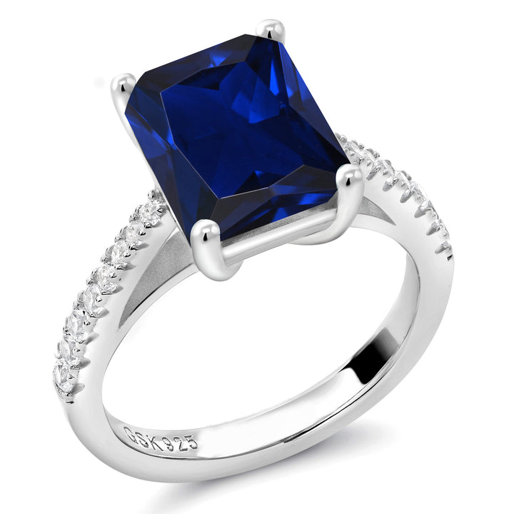 925 Sterling Silver Blue and White Created Sapphire Engagement Ring For Women (4.26 Cttw, Available in size 5, 6, 7, 8, 9)