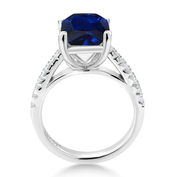 925 Sterling Silver Blue and White Created Sapphire Engagement Ring For Women (4.26 Cttw, Available in size 5, 6, 7, 8, 9)