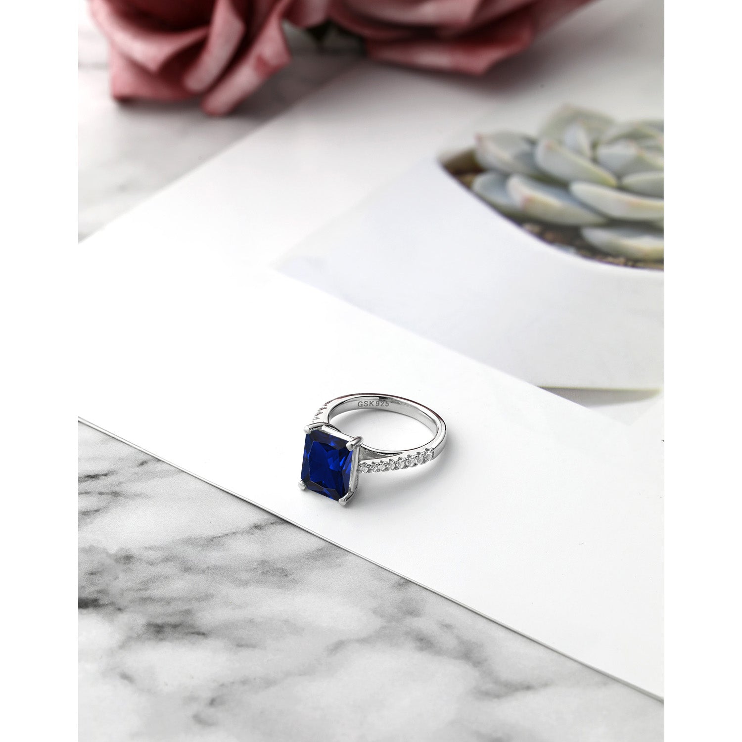 925 Sterling Silver Blue and White Created Sapphire Engagement Ring For Women (4.26 Cttw, Available in size 5, 6, 7, 8, 9)