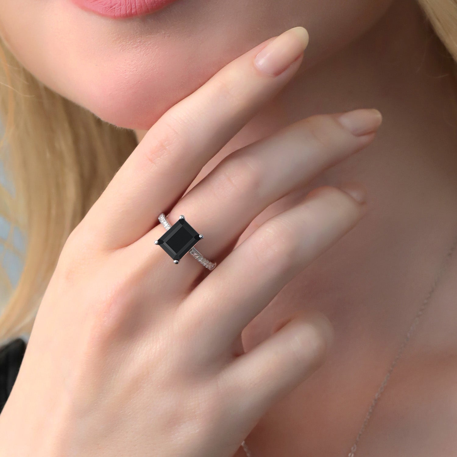 3.39 Cttw Black Onyx and White Created Sapphire Wedding Engagement Ring For Women In 925 Sterling Silver | Gemstone Birthstone | 10X8MM Emerald Cut | Available In Size 5, 6, 7, 8, 9