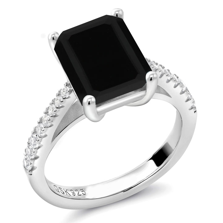 3.39 Cttw Black Onyx and White Created Sapphire Wedding Engagement Ring For Women In 925 Sterling Silver | Gemstone Birthstone | 10X8MM Emerald Cut | Available In Size 5, 6, 7, 8, 9