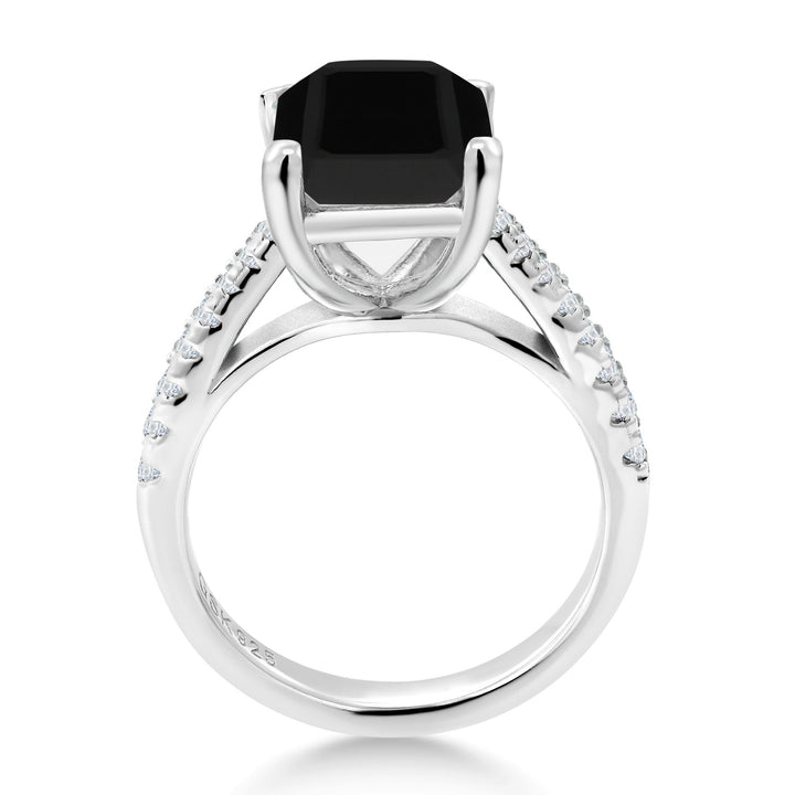 3.39 Cttw Black Onyx and White Created Sapphire Wedding Engagement Ring For Women In 925 Sterling Silver | Gemstone Birthstone | 10X8MM Emerald Cut | Available In Size 5, 6, 7, 8, 9