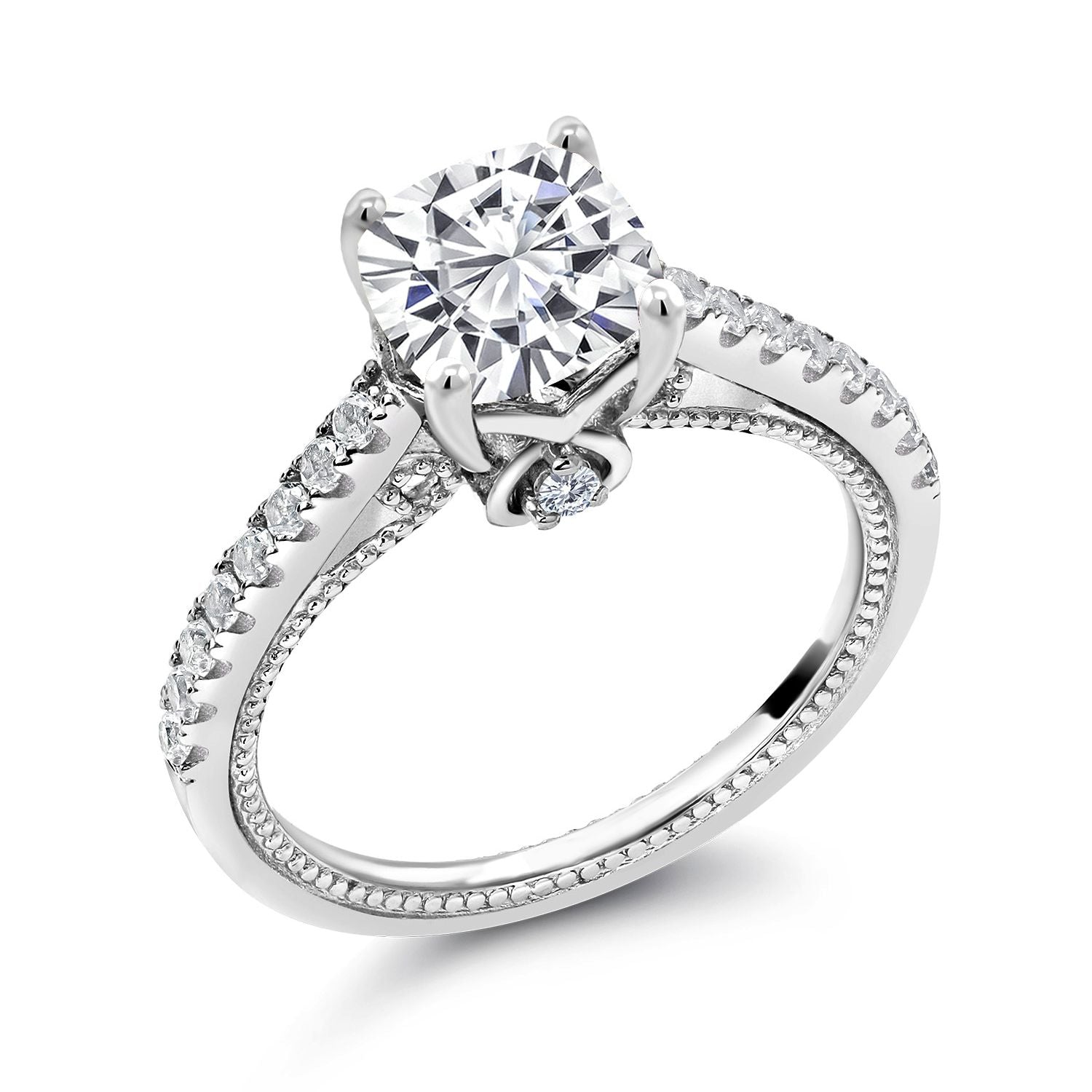 925 Sterling Silver Moissanite and Created Sapphire Engagement Ring For Women (2.00 Cttw, Cushion 7MM, Available in size 5, 6, 7, 8, 9)