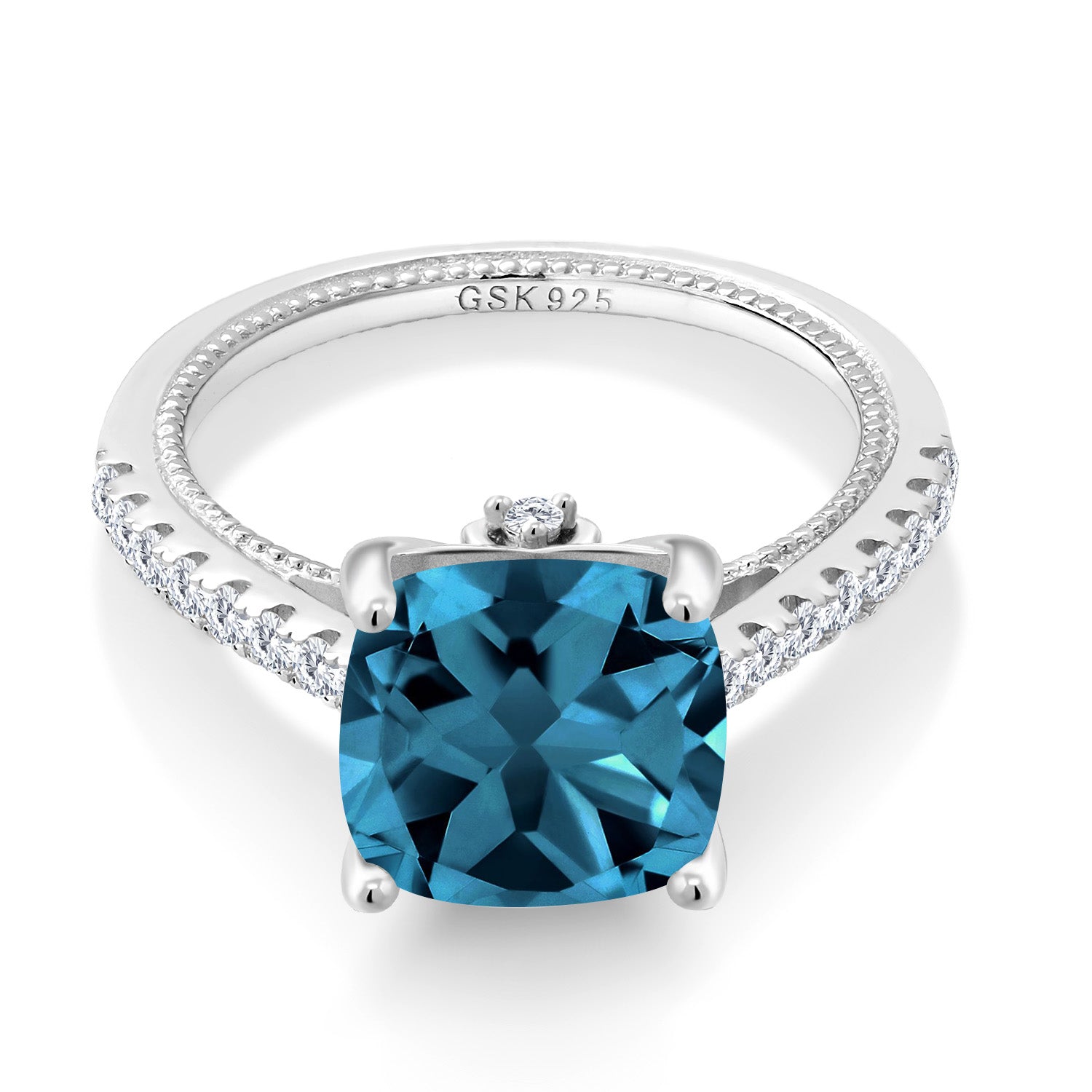 925 Sterling Silver London Blue Topaz and White Created Sapphire Ring For Women (5.47 Cttw, Cushion 10MM, Available In Size 5, 6, 7, 8, 9)