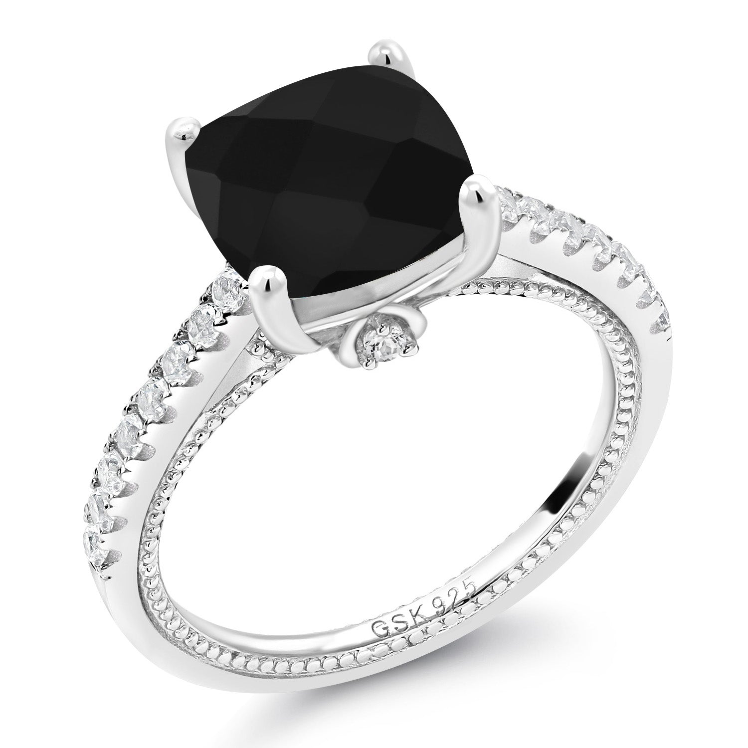 4.07 Cttw Black Onyx and White Created Sapphire Engagement Ring For Women In 925 Sterling Silver | Cushion Checkerboard Cut 10MM | Gemstone Birthstone | Available In Size 5-9