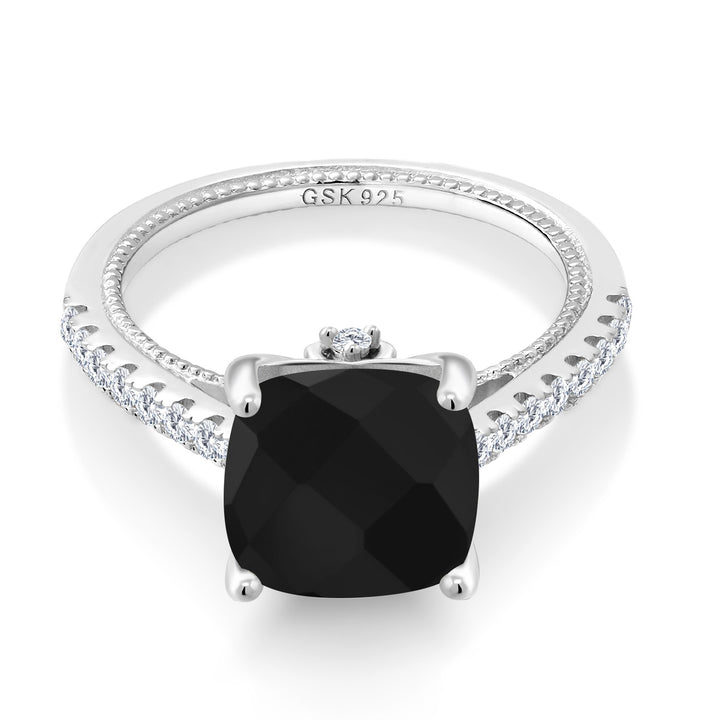 4.07 Cttw Black Onyx and White Created Sapphire Engagement Ring For Women In 925 Sterling Silver | Cushion Checkerboard Cut 10MM | Gemstone Birthstone | Available In Size 5-9