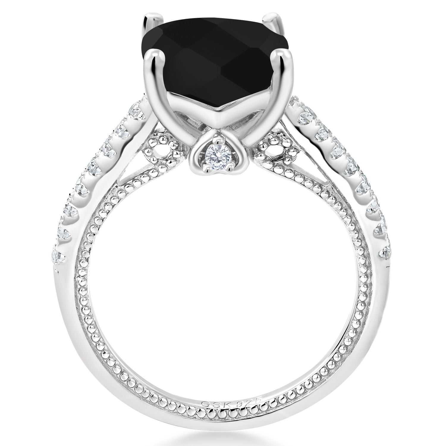 4.07 Cttw Black Onyx and White Created Sapphire Engagement Ring For Women In 925 Sterling Silver | Cushion Checkerboard Cut 10MM | Gemstone Birthstone | Available In Size 5-9