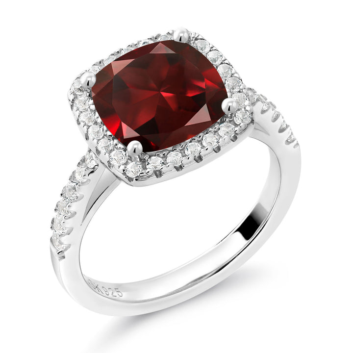 925 Sterling Silver Red Garnet and White Created Sapphire Ring For Women (3.10 Cttw, Cushion Cut 8MM, Gemstone Birthstone, Available In Size 5,6,7,8,9)