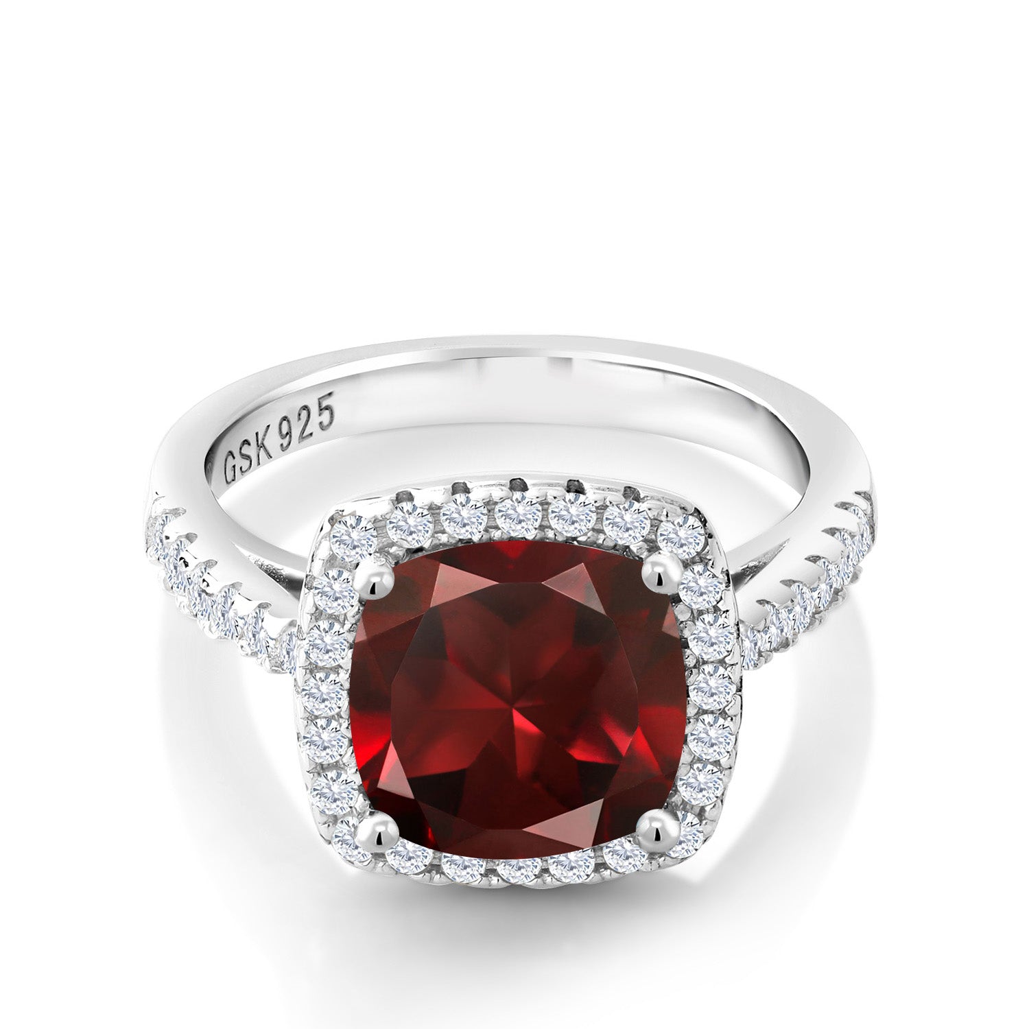 925 Sterling Silver Red Garnet and White Created Sapphire Ring For Women (3.10 Cttw, Cushion Cut 8MM, Gemstone Birthstone, Available In Size 5,6,7,8,9)