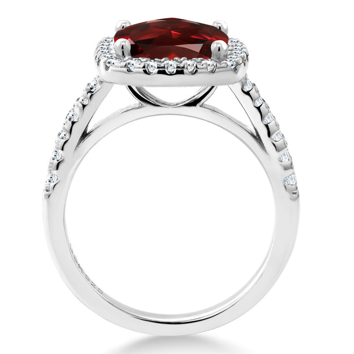 925 Sterling Silver Red Garnet and White Created Sapphire Ring For Women (3.10 Cttw, Cushion Cut 8MM, Gemstone Birthstone, Available In Size 5,6,7,8,9)